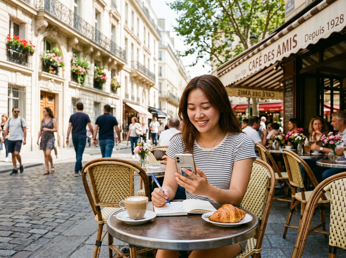 Étudiante apprenant le français dans un café typiquement parisien